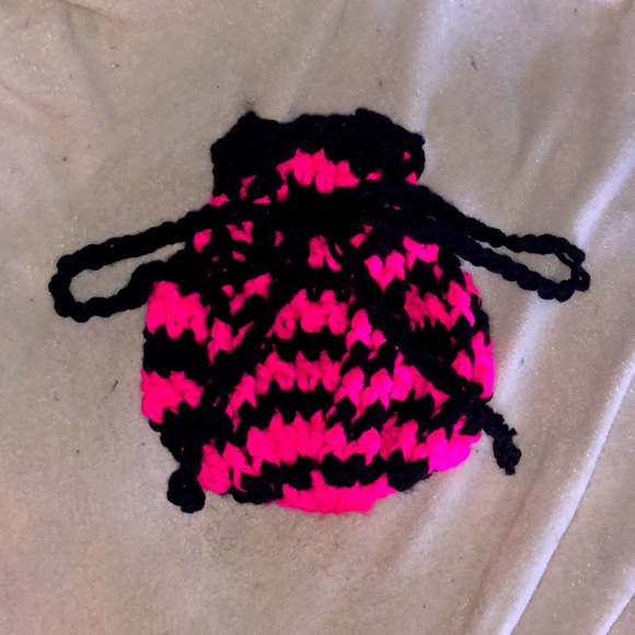 Hand Crafted Handbags - Super large bright pink and black handmade crocheted pouch